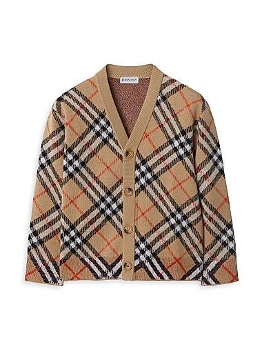 Кардиган из 100% шерсти Burberry с клетчатым узором, V-образным вырезом и длинными рукавами 11013057