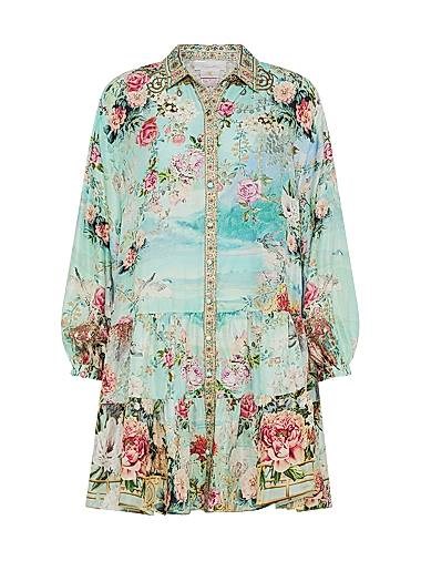 Широкое шелковое платье-рубашка Camilla с многослойными швами и фотопринтами, 100% шелк 10047791