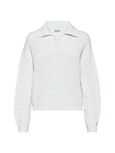 Поло из хлопка с V-образным вырезом и широкими рукавами от Brunello Cucinelli с текстурным полупатентным вязанием 11167853