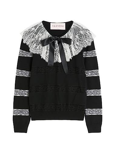 Вязаный пуловер из 100% шерсти с кружевным воротником от Valentino Garavani, произведенный в Италии 11167985