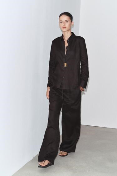 Zara Рубашка из 100% льна ZW Collection с лацканами, длинными рукавами и застежкой на пуговицы 11171472