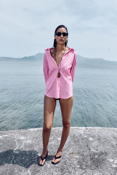 Zara Поплиновая рубашка с длинными рукавами и V-образным вырезом на пуговицах 11171563