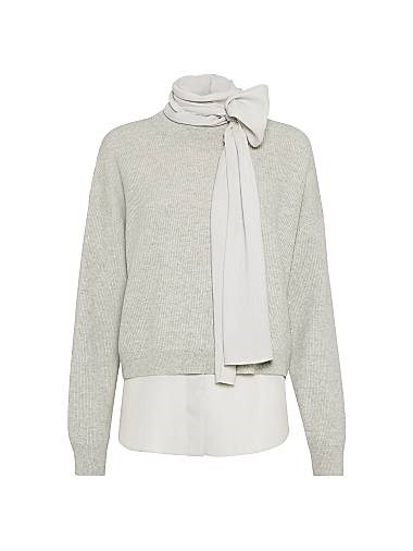 Свитер с английским ребристым узором и съемной блузкой с бантом из кашемира от Brunello Cucinelli 11167841