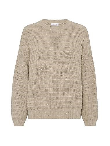 Свитер из хлопка с круглым вырезом и фактурной вязкой Diamond, с рукавами, Brunello Cucinelli, Италия 11167848