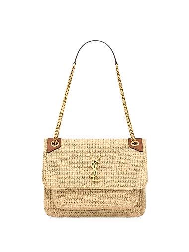 Saint Laurent Средняя плечевая сумка из рафии и кожи с двумя отделениями, бронзовой фурнитурой и регулируемым ремешком 11168037