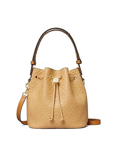 Tory Burch Кожаная сумка-бакет с монограммой, съемным плечевым ремнем и завязкой, размеры 21.5х18х11.5 см 11166920