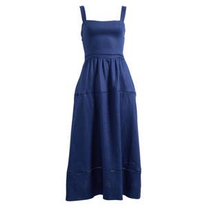 Льняное миди платье Reformation с квадратным вырезом без рукавов и расклешенной юбкой 10048156