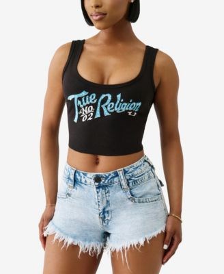 Короткий молодёжный топ из рибаны True Religion с глубоким вырезом и кристаллами 11221867