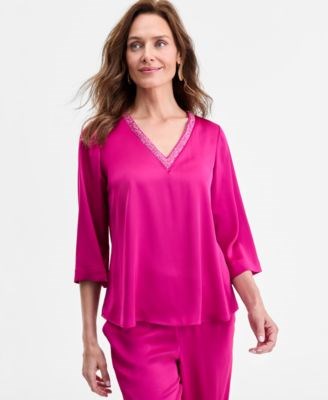 J&amp,M Collection Женская блузка с бисером и треугольным вырезом, рукава 3/4, эксклюзивно в Macy',s 11222591