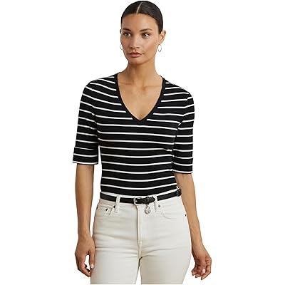 Короткорукавное хлопковое поло с V-образным вырезом и полосками от LAUREN Ralph Lauren, 94% хлопок 11167255