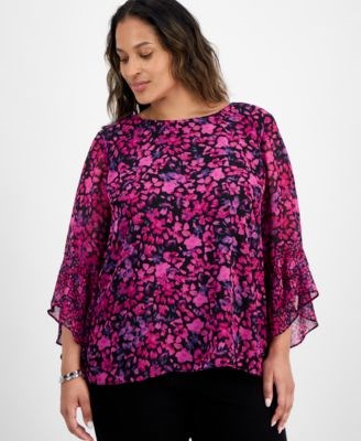 Блузка больших размеров от Kasper с рукавами-колоколами и абстрактным принтом, 100% полиэстер 11227894