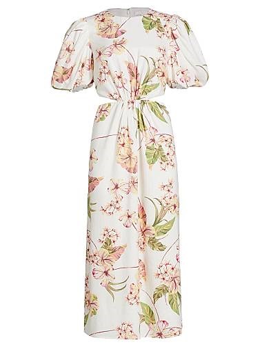 Миди-платье с цветочным узором от Wayf с боковыми вырезами и короткими рукавами с объемными плечами 11165242