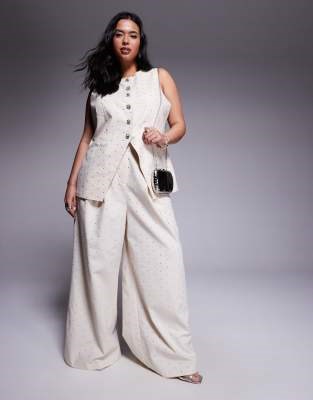 Широкие брюки ASOS LUXE с украшением hotfix, высокая талия, кремовый лен 11222579