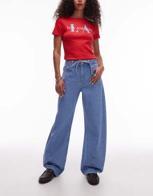 Джинсы Topshop с завышенной талией и поясом, кроем Barrel, из плотного денима в стиле делаве 11230420