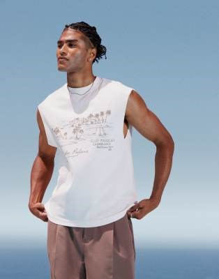 Белый молодёжный оверсайз топ без рукавов River Island с круглым вырезом и графическим принтом на груди 11234155