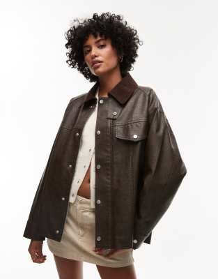 Куртка Topshop из искусственной кожи с вельветовым воротником, коричневого цвета, свободного фасона 11177494