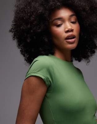 Зеленая мягкая эластичная футболка Topshop с коротким рукавом и круглым вырезом, размер S 11225915