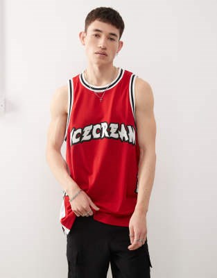 Молодёжный спортивный топ ICECREAM с аппликацией щенка для баскетбола, красного цвета, свободного кроя 11170472