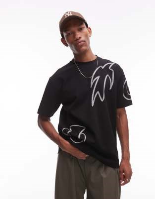 Футболка премиум-качества от Topman, свободного кроя с абстрактной вышивкой спереди и сзади, чёрного цвета 11237409