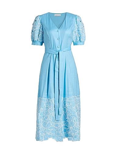 Миди-платье из льна Jade с вышитым кружевом от Elie Tahari, с завязкой на талии и V-образным вырезом 11010027