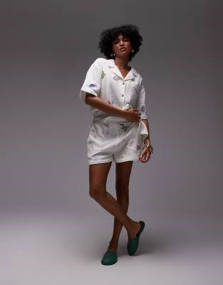 Хлопковые шорты Topshop с вышивкой Doodle, высокая талия, эластичный пояс, карманы 11171245