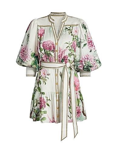 Мини-рубашка Cora от Alice + Olivia из 97% хлопка с цветочным принтом и яркими длинными рукавами 10042940