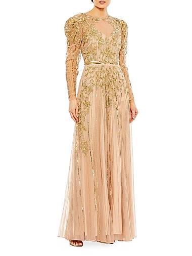 Вечернее платье Mac Duggal с иллюзорным эффектом, декольте и бусинами, длинный рукав 11164395