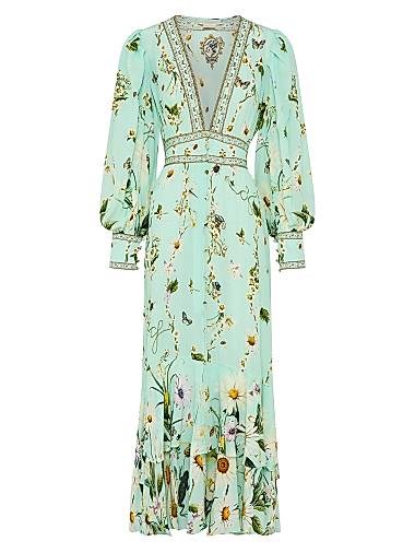 Шелковое макси-платье с цветочным принтом от Camilla, с глубоким V-образным вырезом и длинными рукавами 11166021