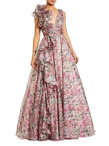 Сарафан с цветочным принтом и V-образным вырезом из шифона от Mac Duggal, без рукавов, с открытой спиной и рюшами 11011949
