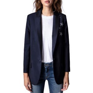 Zadig &amp, Voltaire Женский шерстяной блейзер Viva Strass с ржавыми звёздами и однобортной застёжкой, Португалия 10042778