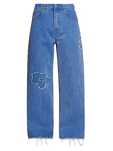 Джинсы Marni с цветочными нашивками и необработанными краями, классическая модель с пятью карманами, 100% хлопок 11024955