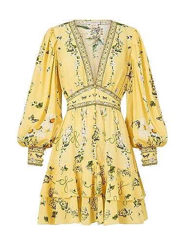 Мини-платье из шёлка Camilla Daisy Chains с глубоким V-вырезом и длинными рукавами с пуговицами 11166022