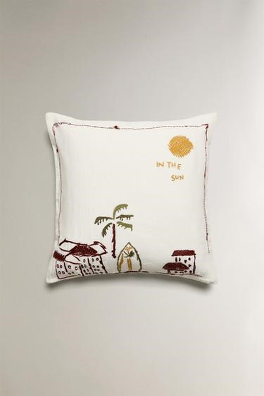 Zara Home Наволочка для декоративной подушки с вышивкой прибрежных домиков, 45x45 см 11229572