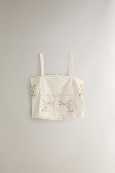 Хлопковый топ с вышивкой на тонких бретелях от Zara Home, в молодёжном стиле 11240010