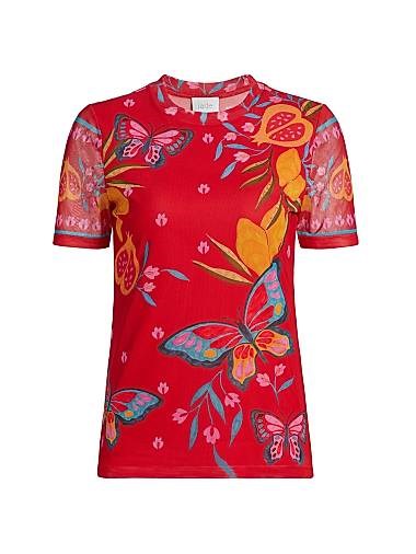 Johnny Was Футболка из сетки Eleanor с цветочным и бабочковым принтом, круглым вырезом и короткими рукавами 11166827
