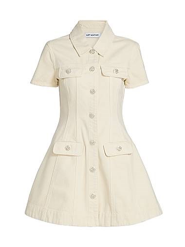 Self-Portrait Короткое хлопковое джинсовое платье Fit &amp, Flare с расклешенной юбкой, короткими рукавами и кристальными пуговицами 11166561