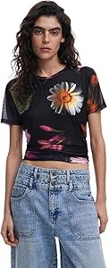 Женская футболка из тюля Desigual с короткими рукавами, круглым вырезом и цветочным принтом, 94% полиэстер, 6% эластан 11247962