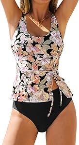 Двухцветный купальник танкини Cupshe с вырезом и завязками, регулируемыми широкими бретелями и мягкими съёмными чашечками 11278743