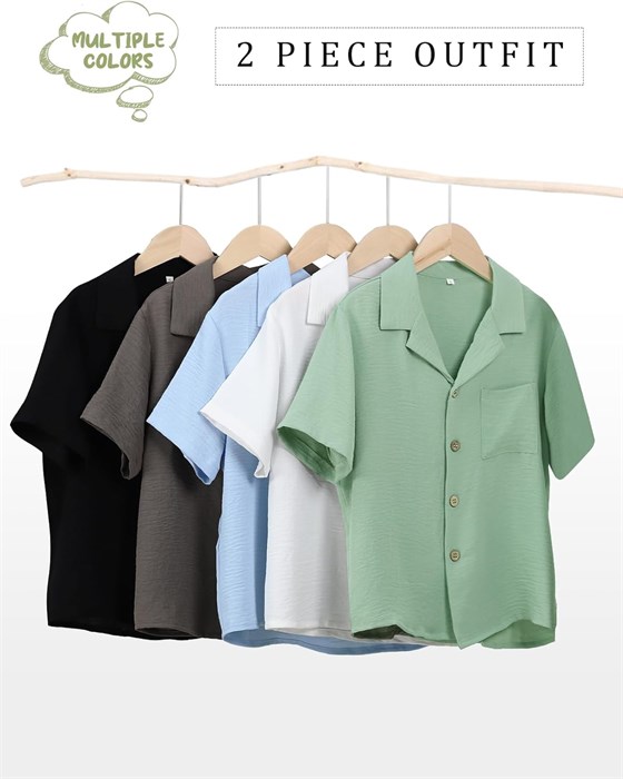 Летний двухцветный комплект для мальчиков Flygo: рубашка с коротким рукавом и шорты из текстурированной ткани для отпуска 11264723