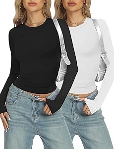 Yogingo Базовые женские короткие топы Y2K с длинными рукавами, белые и черные, облегающие, идеальны для лета и осени 11282079