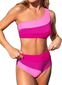 Женский раздельный купальник с высоким поясом и асимметричным верхом в стиле цветового блока CUPSHE, 82% полиэстер 11262267