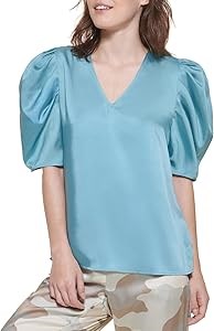 Женская стильная полированная футболка DKNY с V-образным вырезом и объемными рукавами, повседневный топ 11267246