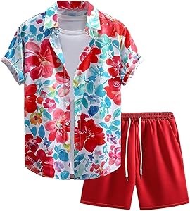 Мужской летний комплект Gorglitter: гавайская рубашка с коротким рукавом и шорты для пляжа, 100% полиэстер 11271553
