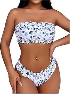Бикини Milumia из 2 предметов с цветочным принтом и рюшами, без бретелек, идеально подходит для пляжа и бассейна 11287170