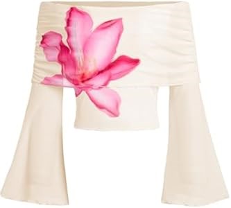 Блузка «Verdusa» с цветочным принтом: открытые плечи, длинные рукава, облегающий силуэт для женщин 11267424