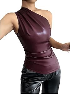 Молодёжная асимметричная топ-рубашка из экокожи Milumia с драпировкой на одно плечо 11313175