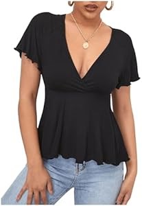Стильная летняя женская футболка Verdusa с глубоким V-образным вырезом, рюшами и коротким рукавом в стиле пеплум 11306502