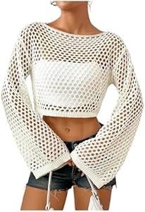 Женский ажурный укороченный свитер Gorglitter с расклешёнными рукавами и лодочным вырезом 11276972
