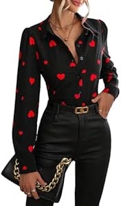 Хлопковая блуза Floerns с длинными рукавами и принтом в виде сердечек, 3% полиэстер, украшена ювелирными деталями 11283597