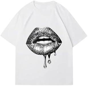 Повседневная уличная футболка Verdusa с винтажным круглым вырезом, коротким рукавом и принтом губ 11277617